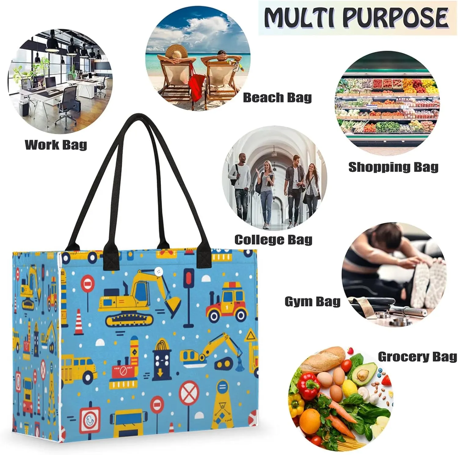 QsirBC Large Tote Bag for Women Men, Travel Beach Bag with Inner Zipper Pocket Snap Closure