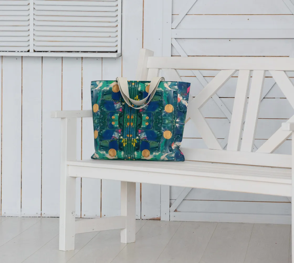 "Water Lillies" Large Tote (Turquoise, Aqua, Gold, Pink)
