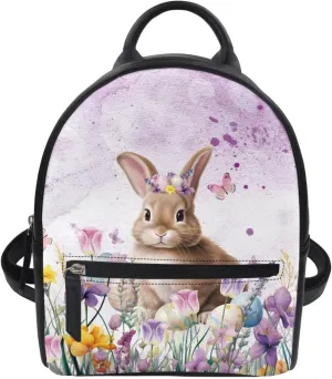 Rabbit Purple Floral Small Backpack for Girls Kawaii Mini Leather Backpack Purse Easter Day Travel Shoulder Bag Casual Daypack Rucksack with Zipper for Women