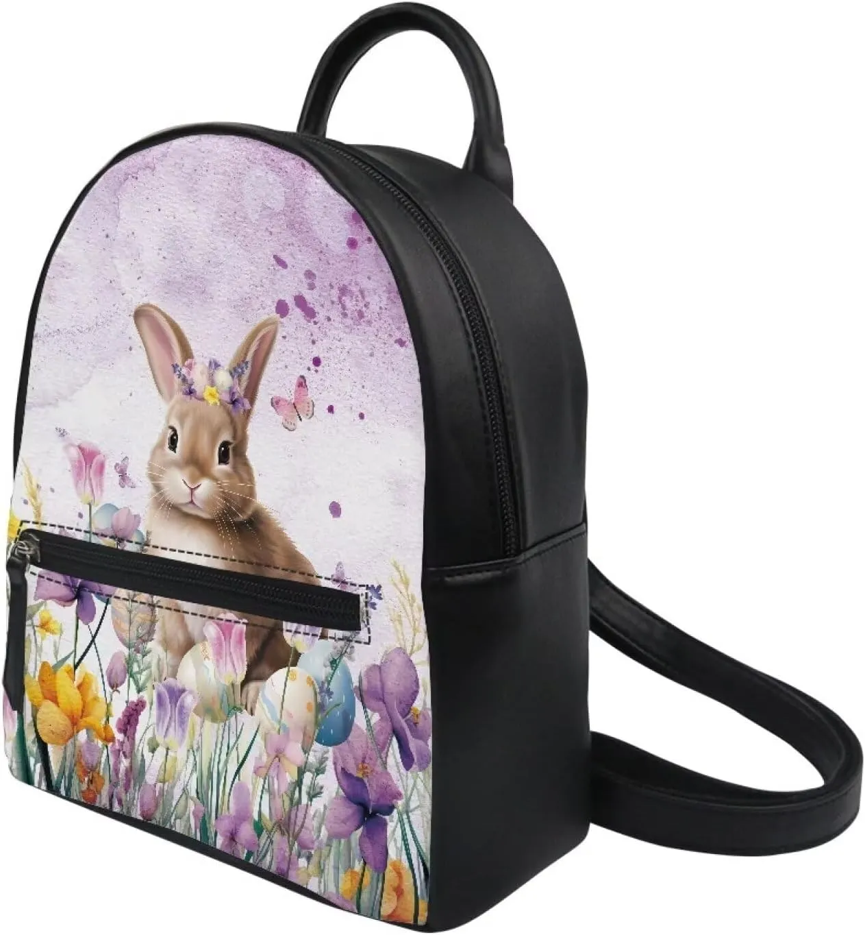Rabbit Purple Floral Small Backpack for Girls Kawaii Mini Leather Backpack Purse Easter Day Travel Shoulder Bag Casual Daypack Rucksack with Zipper for Women