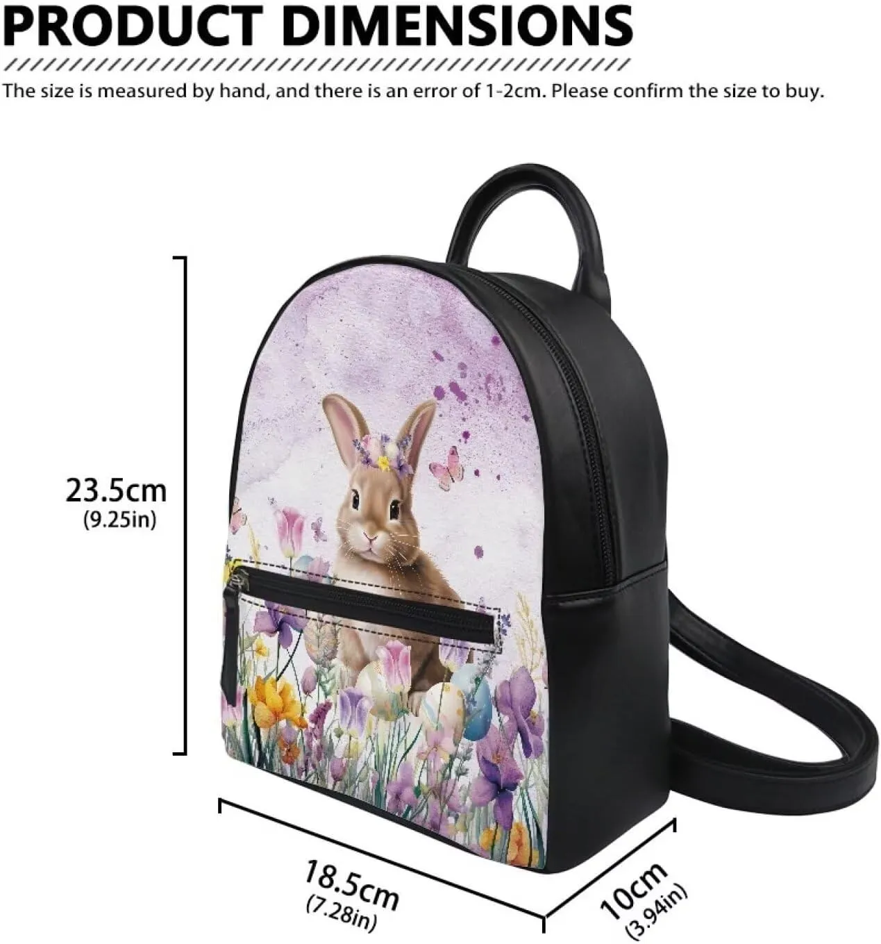 Rabbit Purple Floral Small Backpack for Girls Kawaii Mini Leather Backpack Purse Easter Day Travel Shoulder Bag Casual Daypack Rucksack with Zipper for Women