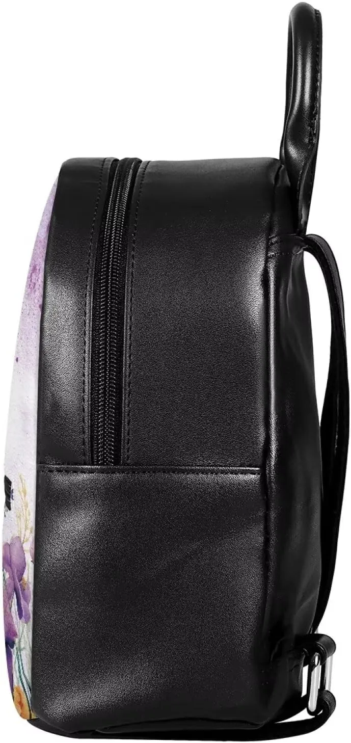 Rabbit Purple Floral Small Backpack for Girls Kawaii Mini Leather Backpack Purse Easter Day Travel Shoulder Bag Casual Daypack Rucksack with Zipper for Women