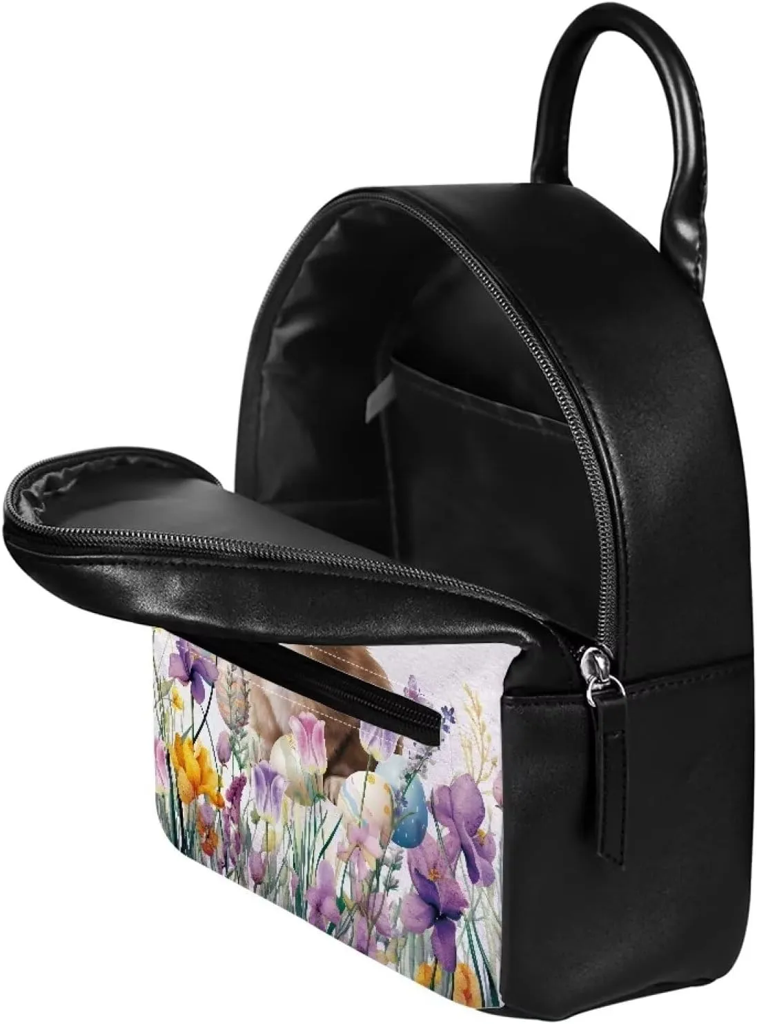 Rabbit Purple Floral Small Backpack for Girls Kawaii Mini Leather Backpack Purse Easter Day Travel Shoulder Bag Casual Daypack Rucksack with Zipper for Women
