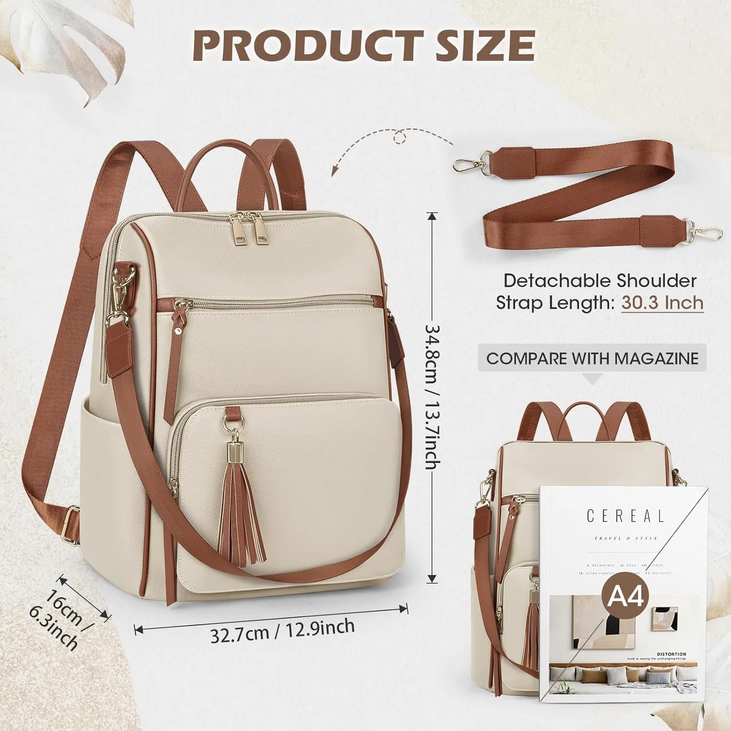 RAINSMORE Backpack Purse for Women Leather Travel Backpack Purse Waterproof Anti Theft Fashion Small Casual Mini Daypacks Ladies Convertible Handbags Shoulder Bag with Tassel, Beige and Brown