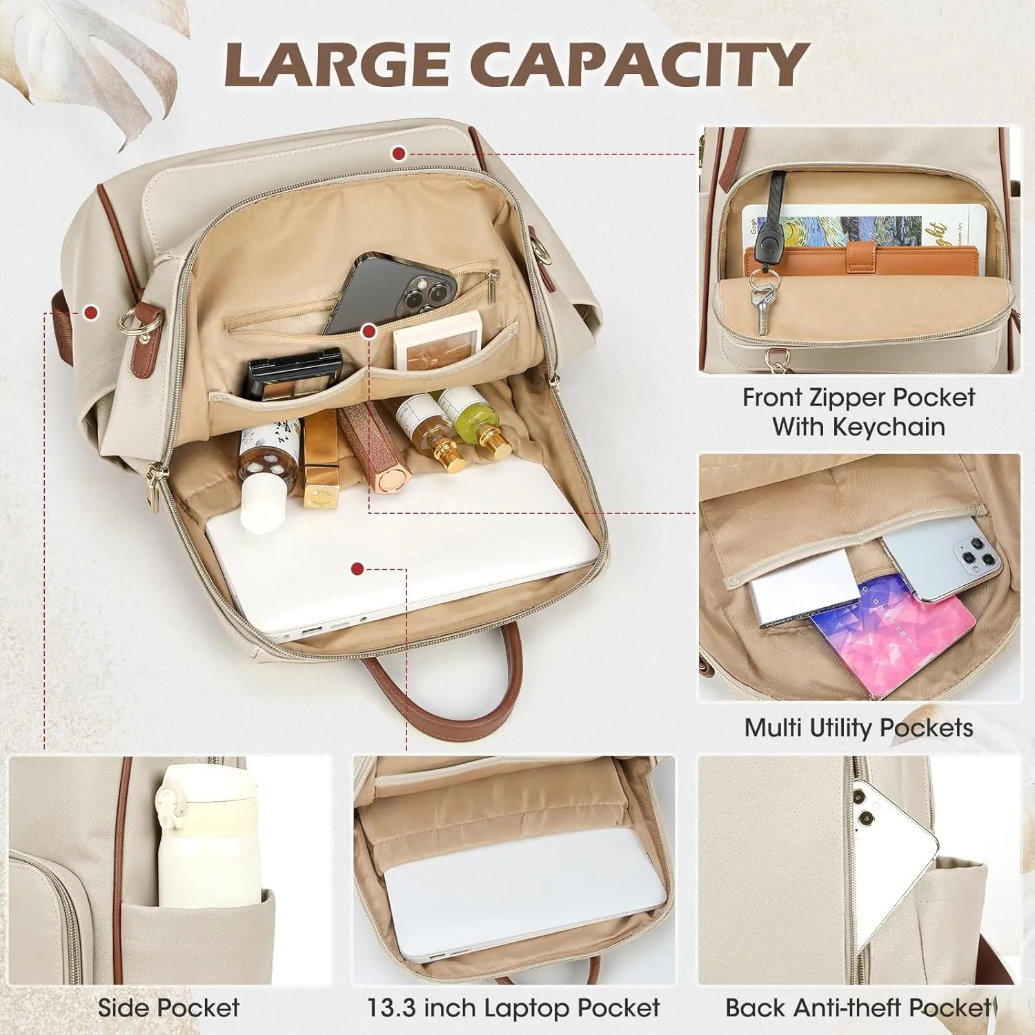 RAINSMORE Backpack Purse for Women Leather Travel Backpack Purse Waterproof Anti Theft Fashion Small Casual Mini Daypacks Ladies Convertible Handbags Shoulder Bag with Tassel, Beige and Brown
