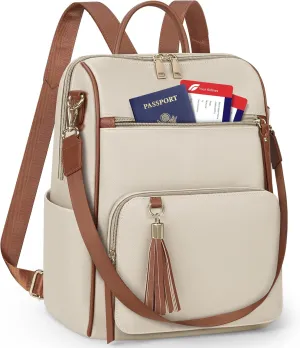 RAINSMORE Backpack Purse for Women Leather Travel Backpack Purse Waterproof Anti Theft Fashion Small Casual Mini Daypacks Ladies Convertible Handbags Shoulder Bag with Tassel, Beige and Brown