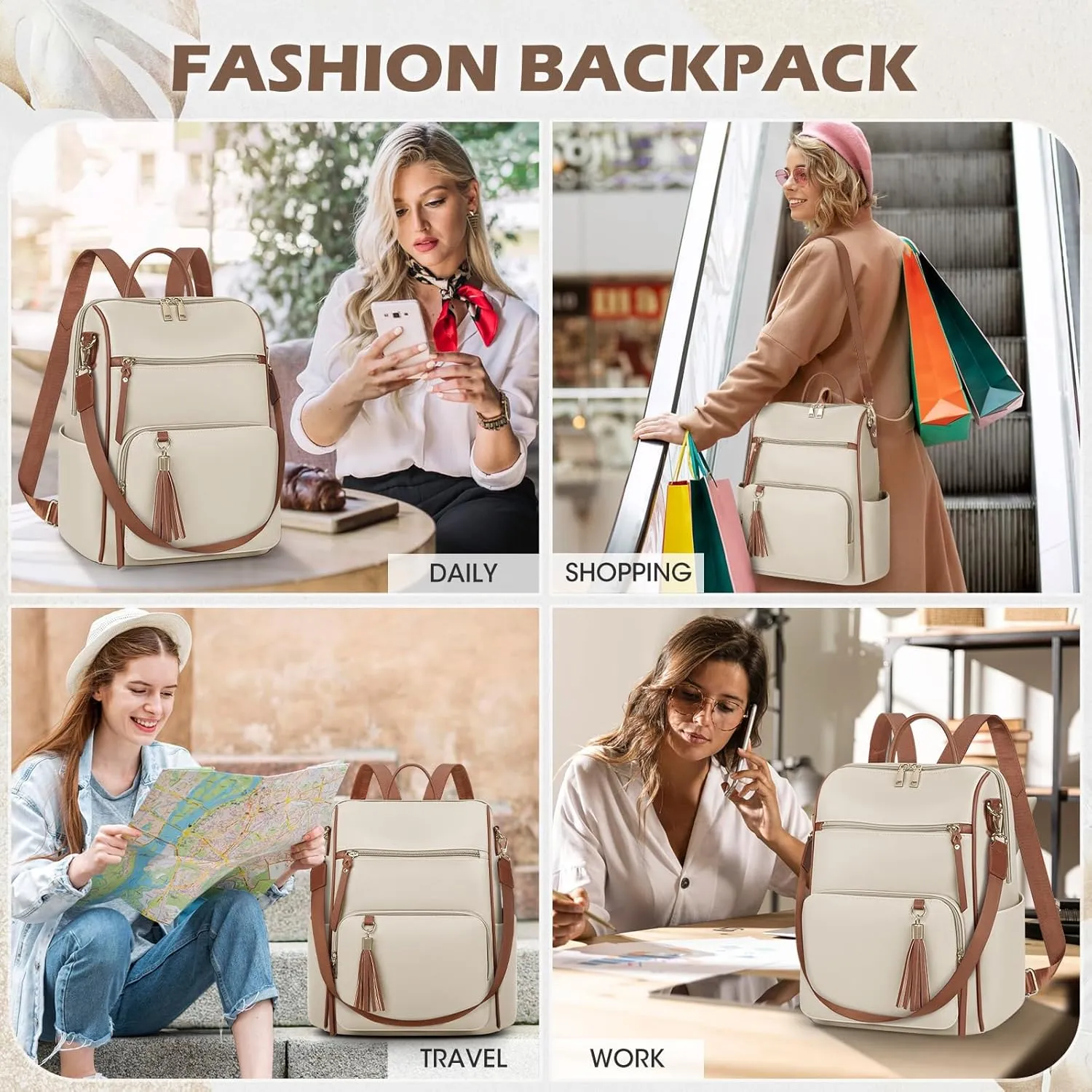 RAINSMORE Backpack Purse for Women Leather Travel Backpack Purse Waterproof Anti Theft Fashion Small Casual Mini Daypacks Ladies Convertible Handbags Shoulder Bag with Tassel, Beige and Brown