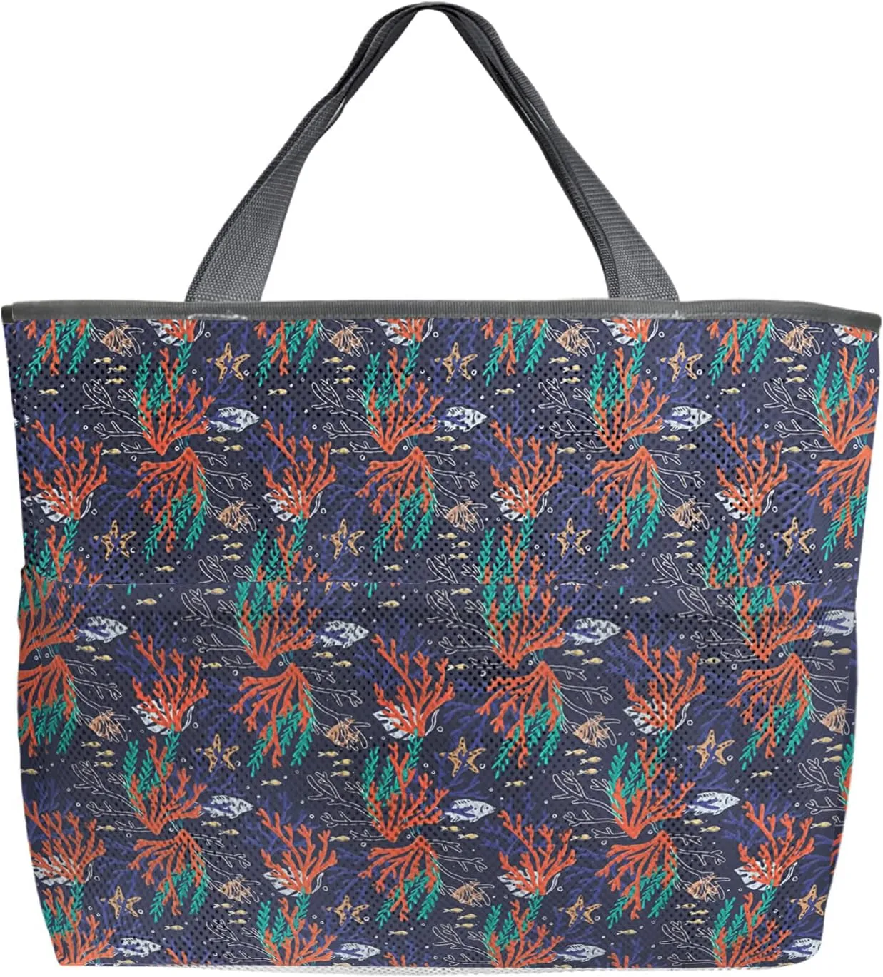 Red Teal Blue Coral Beach Tote Bag for Women, Summer Beach Nautical Coastal Fish Mesh Beach Bags Waterproof Sandproof, Outdoor Picnic Swim Pool Handbag - Large Beach Bag with Zipper and Pockets