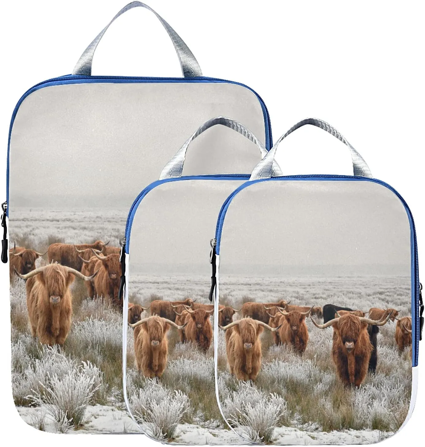 Reddish Brown Scottish Highland Crowd Natural White Winter Landscape 3 Set Packing Cubes, Waterproof Check Oxford cloth Organizers, Travel Packing Toiletry Storage Bag