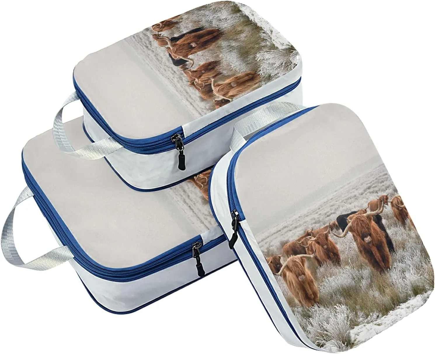 Reddish Brown Scottish Highland Crowd Natural White Winter Landscape 3 Set Packing Cubes, Waterproof Check Oxford cloth Organizers, Travel Packing Toiletry Storage Bag
