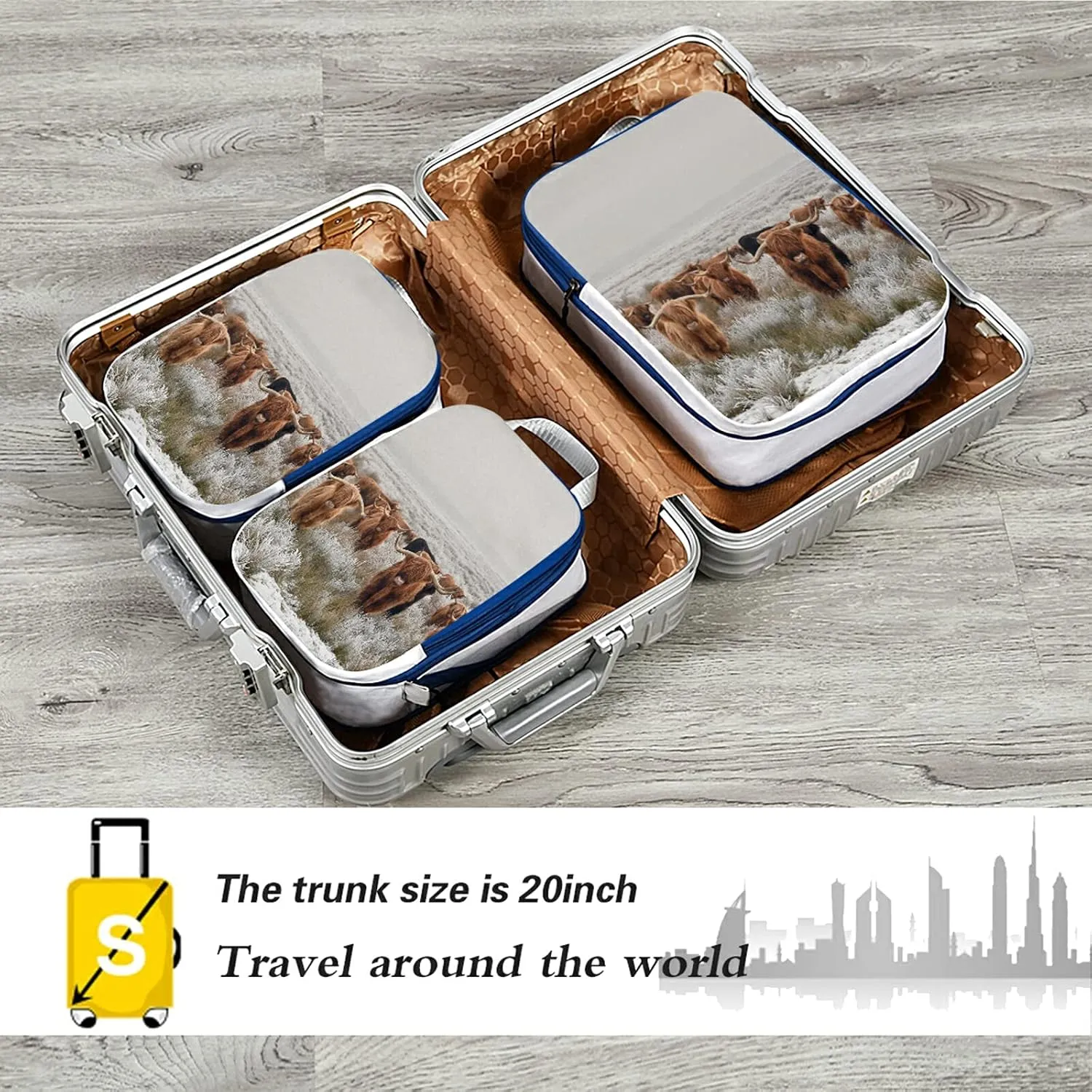 Reddish Brown Scottish Highland Crowd Natural White Winter Landscape 3 Set Packing Cubes, Waterproof Check Oxford cloth Organizers, Travel Packing Toiletry Storage Bag