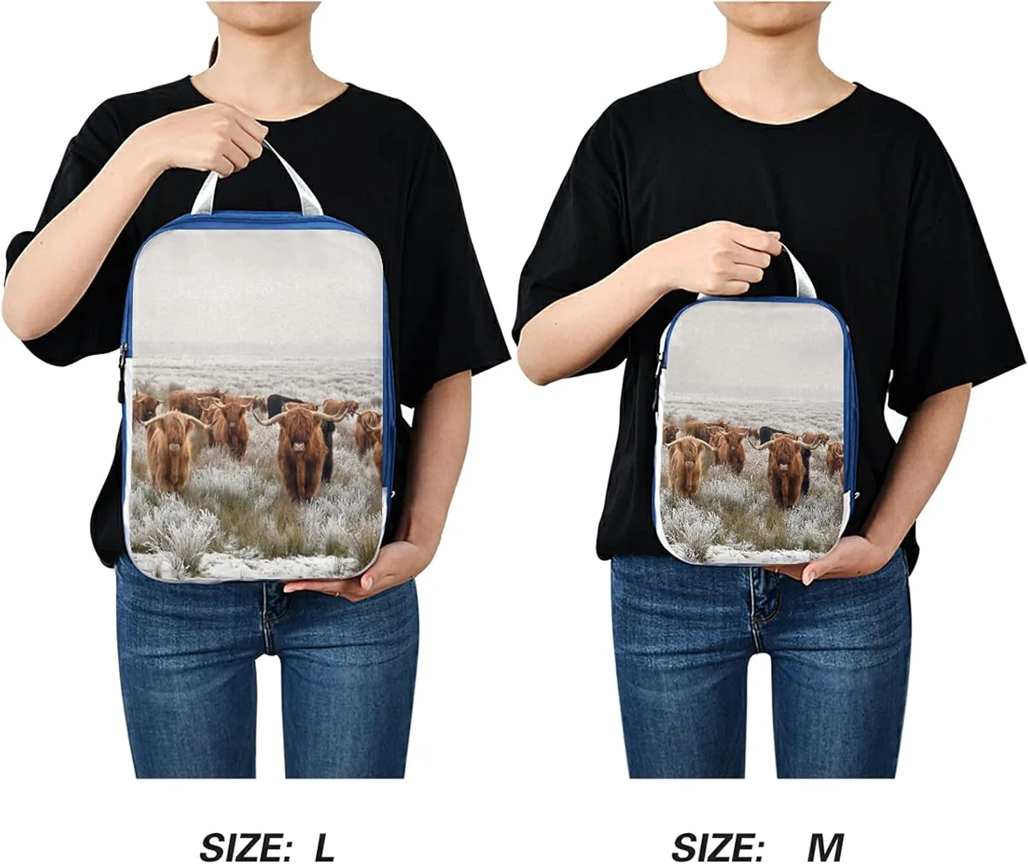 Reddish Brown Scottish Highland Crowd Natural White Winter Landscape 3 Set Packing Cubes, Waterproof Check Oxford cloth Organizers, Travel Packing Toiletry Storage Bag
