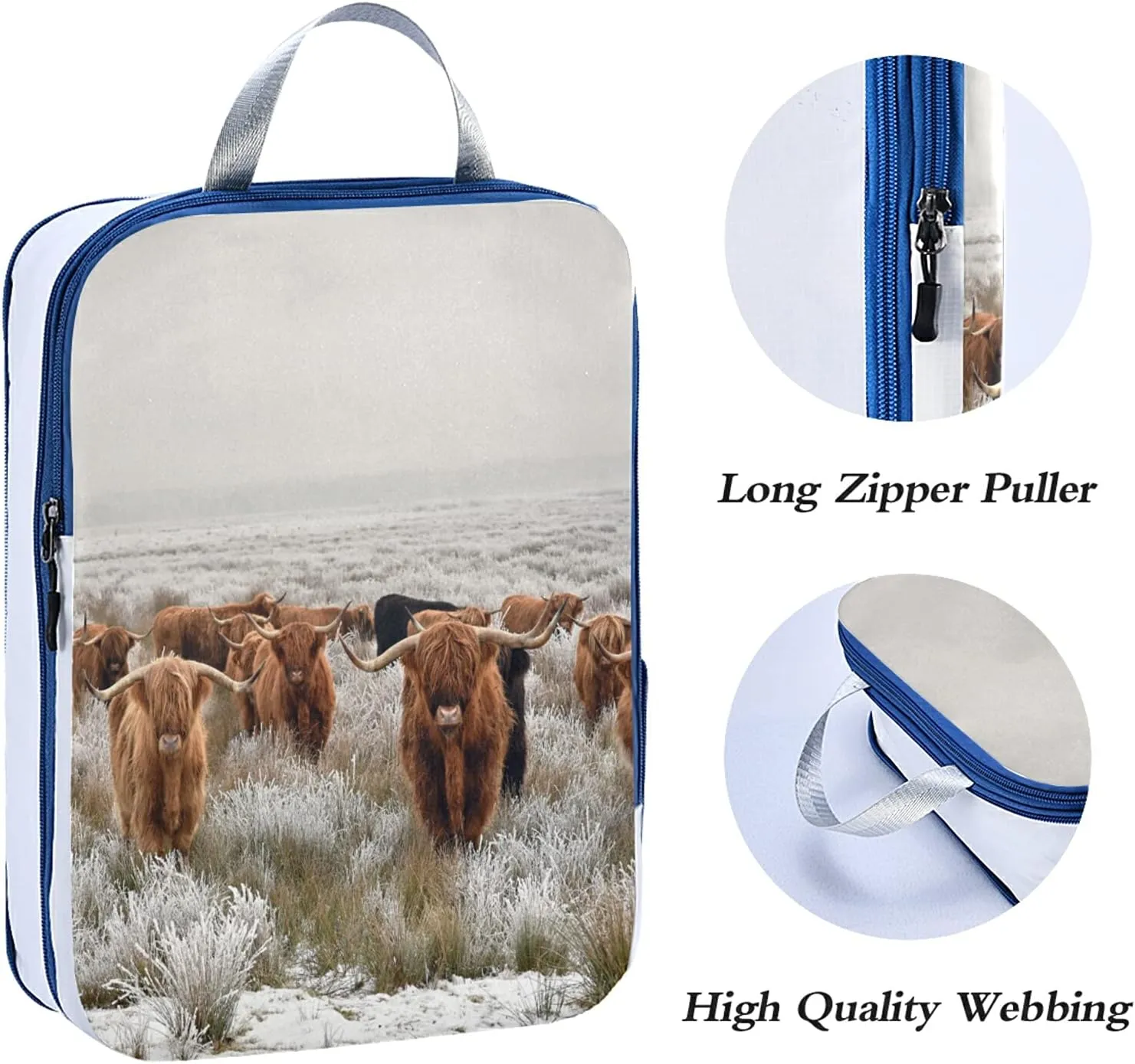 Reddish Brown Scottish Highland Crowd Natural White Winter Landscape 3 Set Packing Cubes, Waterproof Check Oxford cloth Organizers, Travel Packing Toiletry Storage Bag