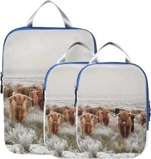 Reddish Brown Scottish Highland Crowd Natural White Winter Landscape 3 Set Packing Cubes, Waterproof Check Oxford cloth Organizers, Travel Packing Toiletry Storage Bag