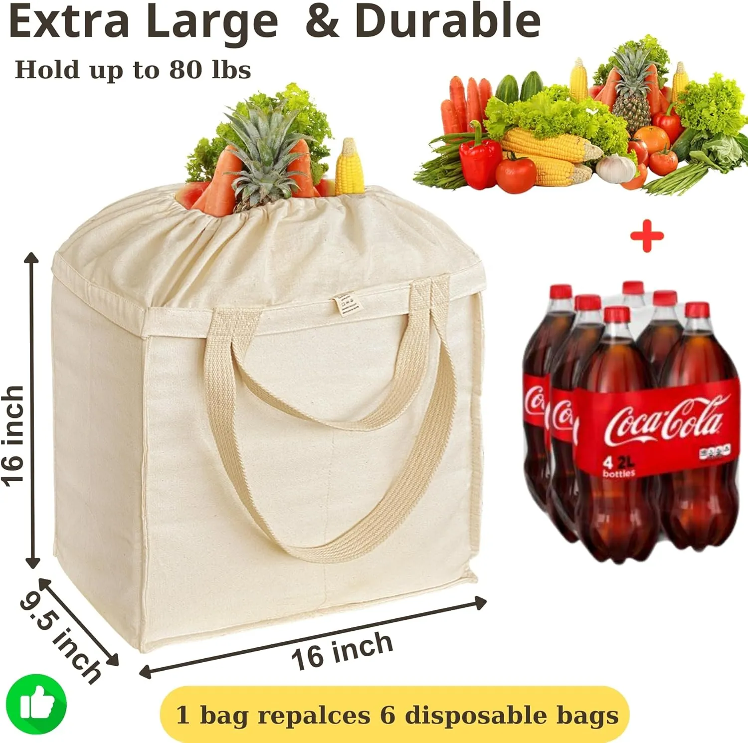 Reusable Grocery Bags - Canvas Tote Bag for Shopping Groceries with Handles, XL Set, Heavy Duty, Foldable, Washable