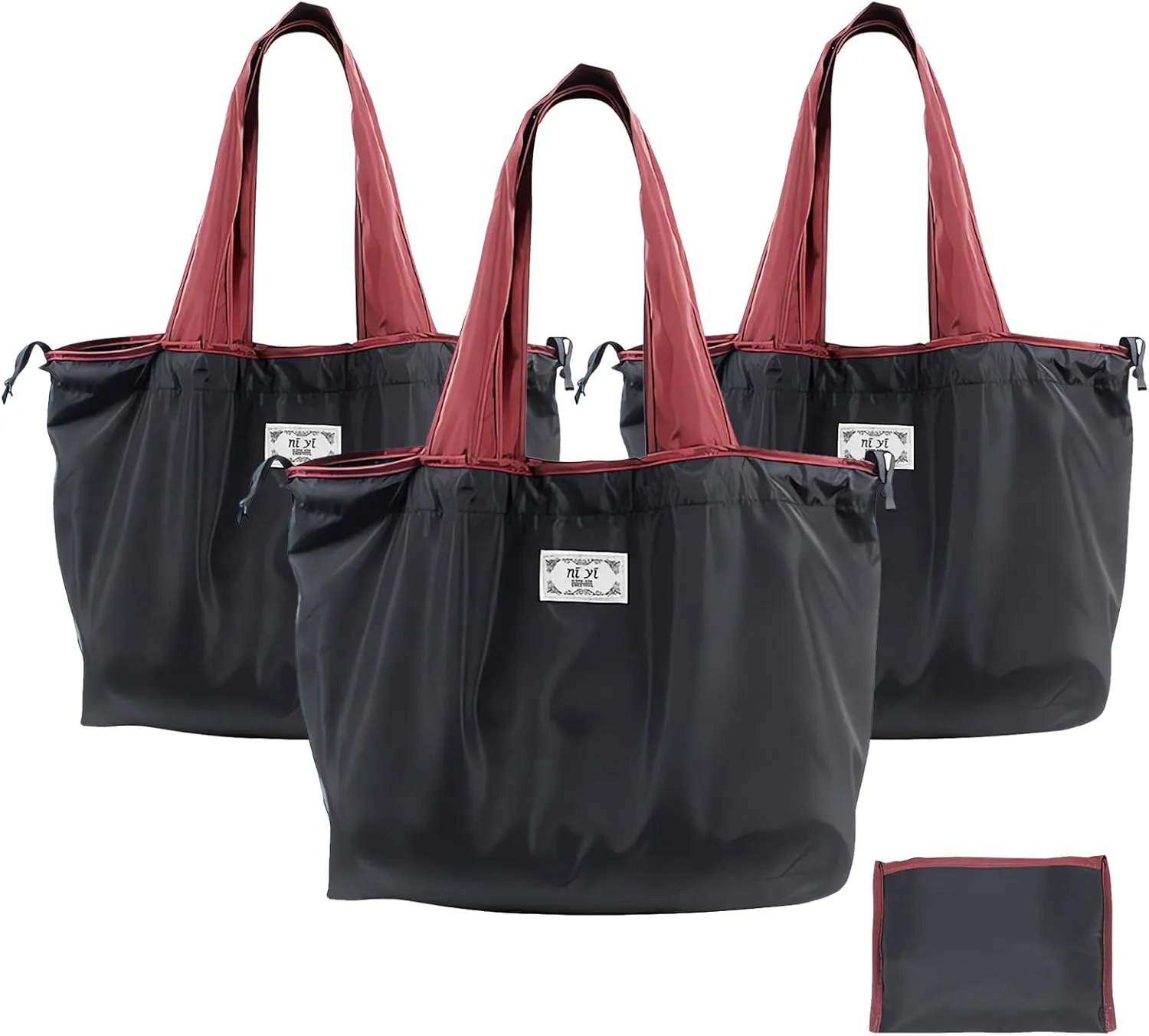 Reusable Shopping Bags, Large Tote Bags Fits In Pocket, Lightweight Strong, Folding/Packable Beach Bag for Travel, Black 3-Pack