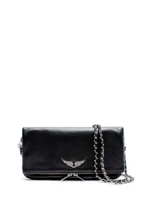 Rock grained leather bag, black-silver