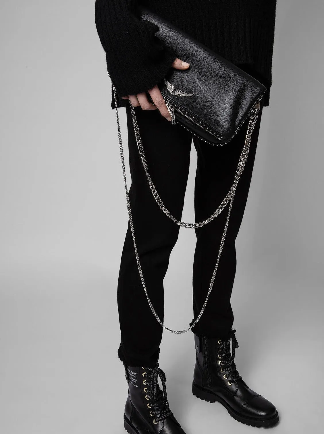 Rock grained leather studs bag, black-silver