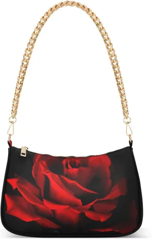 Romantic Red Rose Flower Shoulder Handbags for Women Travel Hobo Tote Handbag Women Gold Chain Shoulder Bags Purse with Zipper Closure