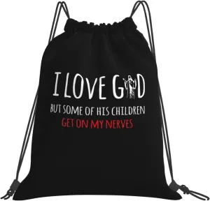 Rqwaaed I Love God But Some Of His Children Get On My Nerves Vintage Versatile Drawstring Gym Bag Perfect Workouts Daily Essentials