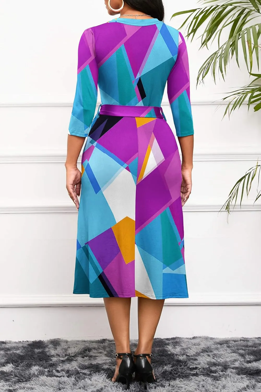 Runwind Women's Midi Dress,3/4 Sleeves V Neck Cocktail Party Dress Curvy Wrap Sexy Geometric Pattern Dresses with Belt