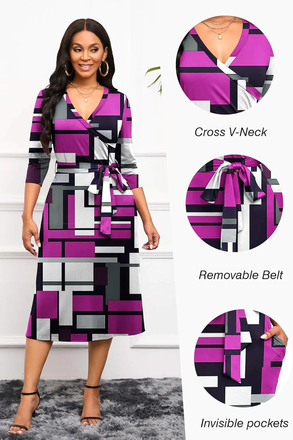 Runwind Women's Midi Dress,3/4 Sleeves V Neck Cocktail Party Dress Curvy Wrap Sexy Geometric Pattern Dresses with Belt