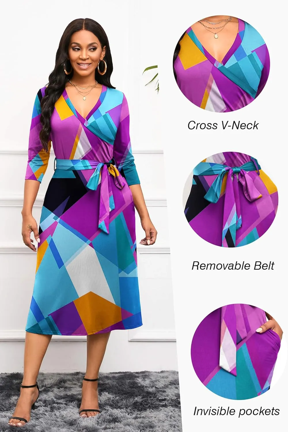 Runwind Women's Midi Dress,3/4 Sleeves V Neck Cocktail Party Dress Curvy Wrap Sexy Geometric Pattern Dresses with Belt