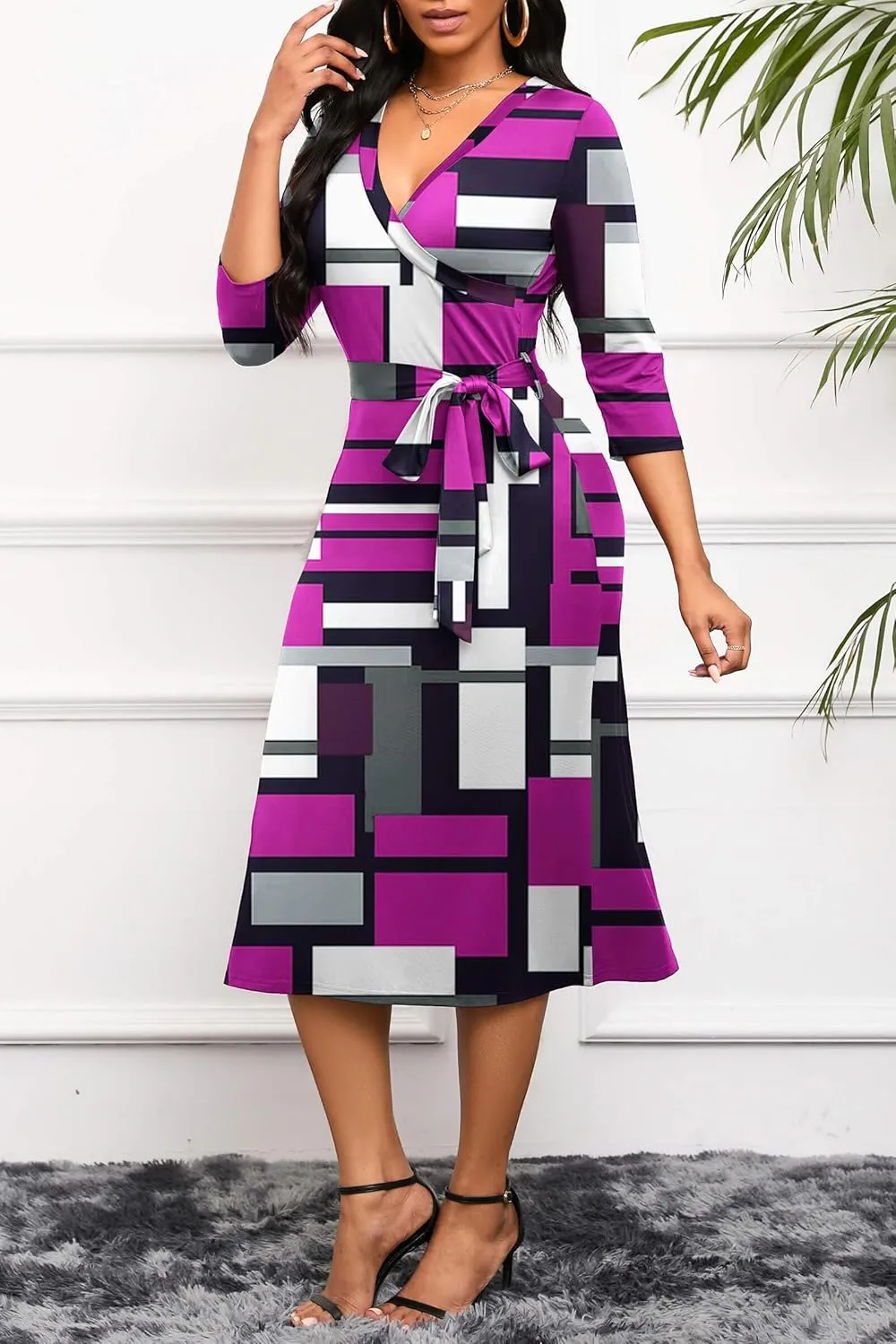 Runwind Women's Midi Dress,3/4 Sleeves V Neck Cocktail Party Dress Curvy Wrap Sexy Geometric Pattern Dresses with Belt