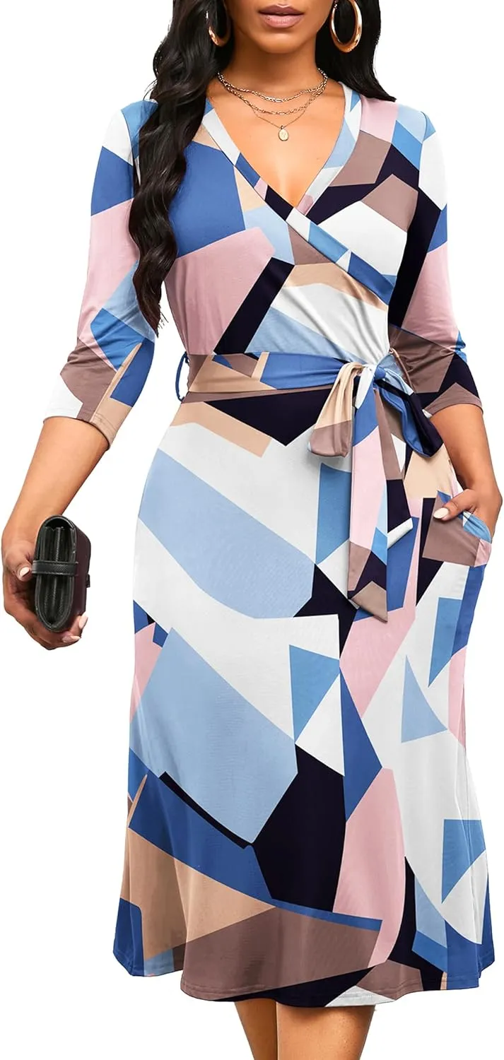 Runwind Women's Midi Dress,3/4 Sleeves V Neck Cocktail Party Dress Curvy Wrap Sexy Geometric Pattern Dresses with Belt