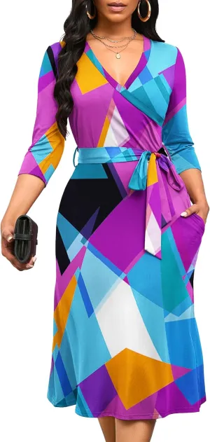 Runwind Women's Midi Dress,3/4 Sleeves V Neck Cocktail Party Dress Curvy Wrap Sexy Geometric Pattern Dresses with Belt