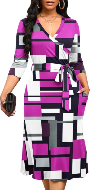 Runwind Women's Midi Dress,3/4 Sleeves V Neck Cocktail Party Dress Curvy Wrap Sexy Geometric Pattern Dresses with Belt