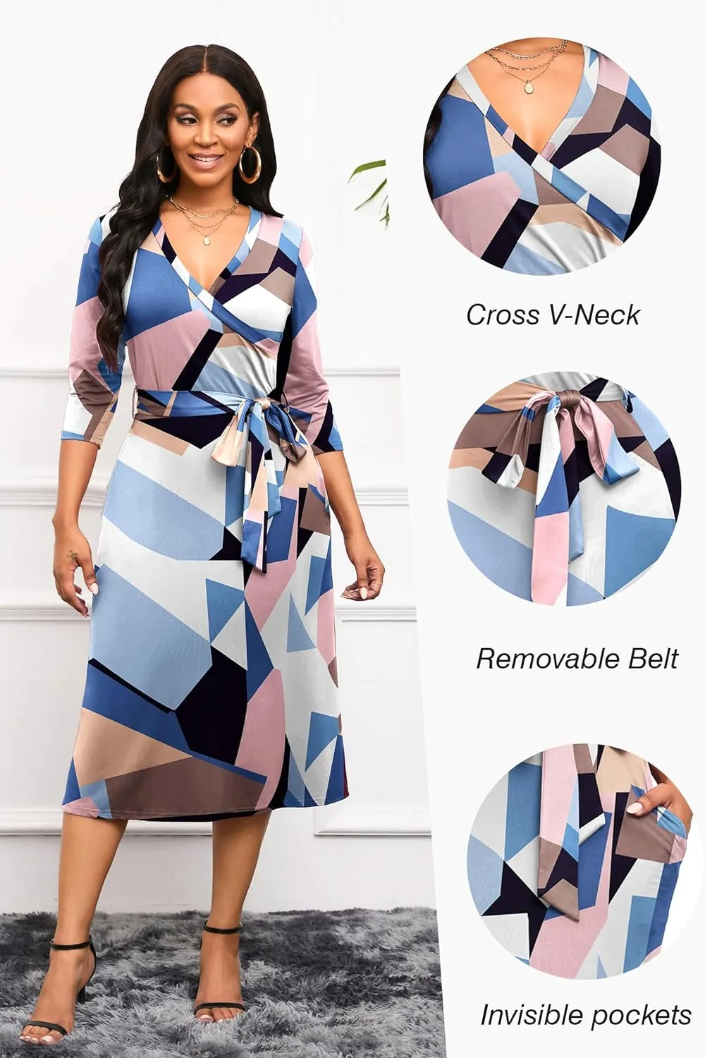Runwind Women's Midi Dress,3/4 Sleeves V Neck Cocktail Party Dress Curvy Wrap Sexy Geometric Pattern Dresses with Belt