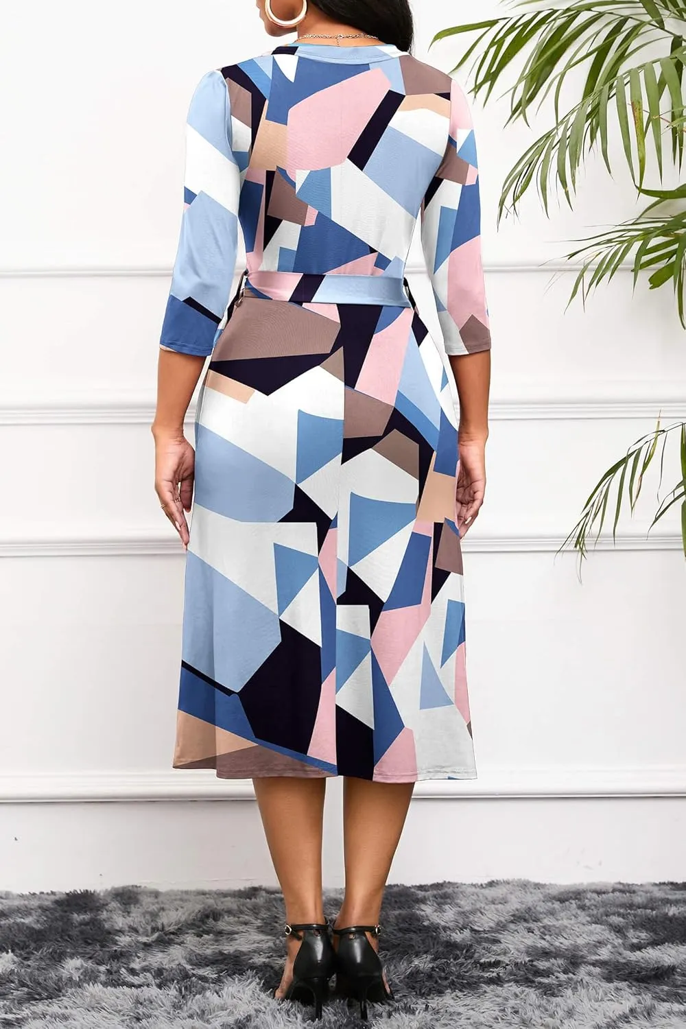 Runwind Women's Midi Dress,3/4 Sleeves V Neck Cocktail Party Dress Curvy Wrap Sexy Geometric Pattern Dresses with Belt