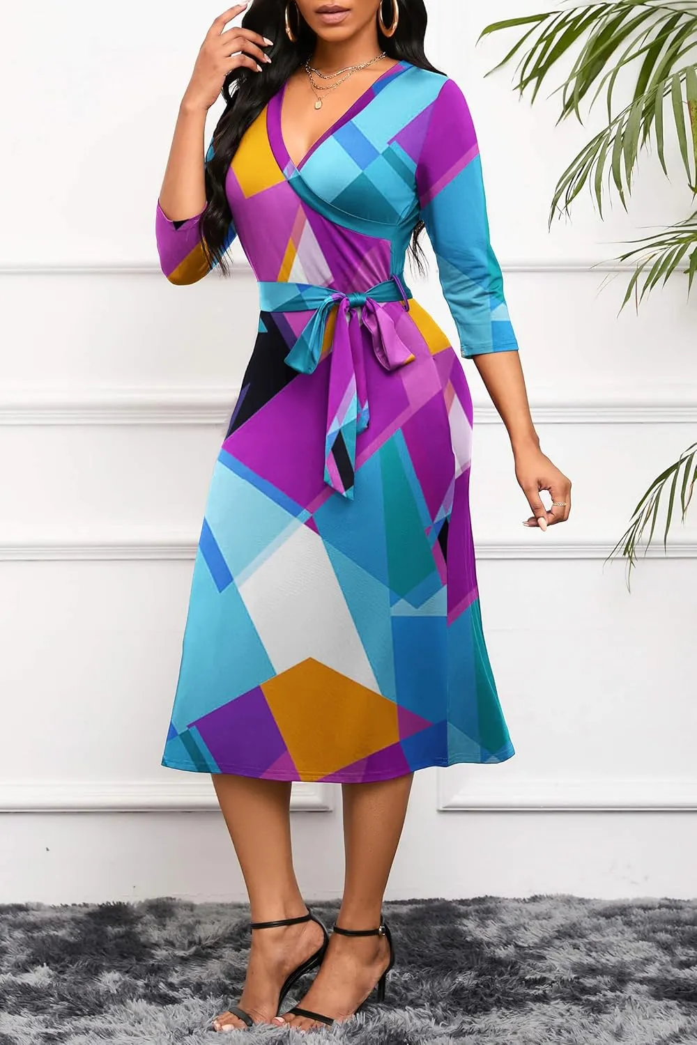 Runwind Women's Midi Dress,3/4 Sleeves V Neck Cocktail Party Dress Curvy Wrap Sexy Geometric Pattern Dresses with Belt