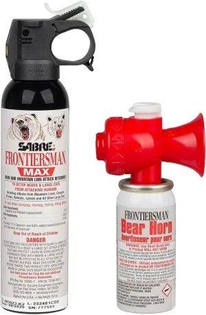 SABRE Frontiersman MAX 9.2 oz. Bear & Mountain Lion Attack Deterrent, Up to 40 ft Range, Contains 2% Major Capsaicinoids   Frontiersman Bear Horn (FBH-LT-AMZ) Kit, Glow-in-The-Dark Safety