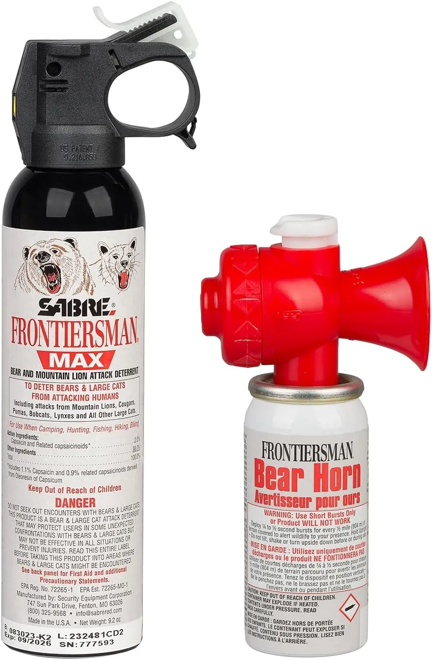 SABRE Frontiersman MAX 9.2 oz. Bear & Mountain Lion Attack Deterrent, Up to 40 ft Range, Contains 2% Major Capsaicinoids   Frontiersman Bear Horn (FBH-LT-AMZ) Kit, Glow-in-The-Dark Safety