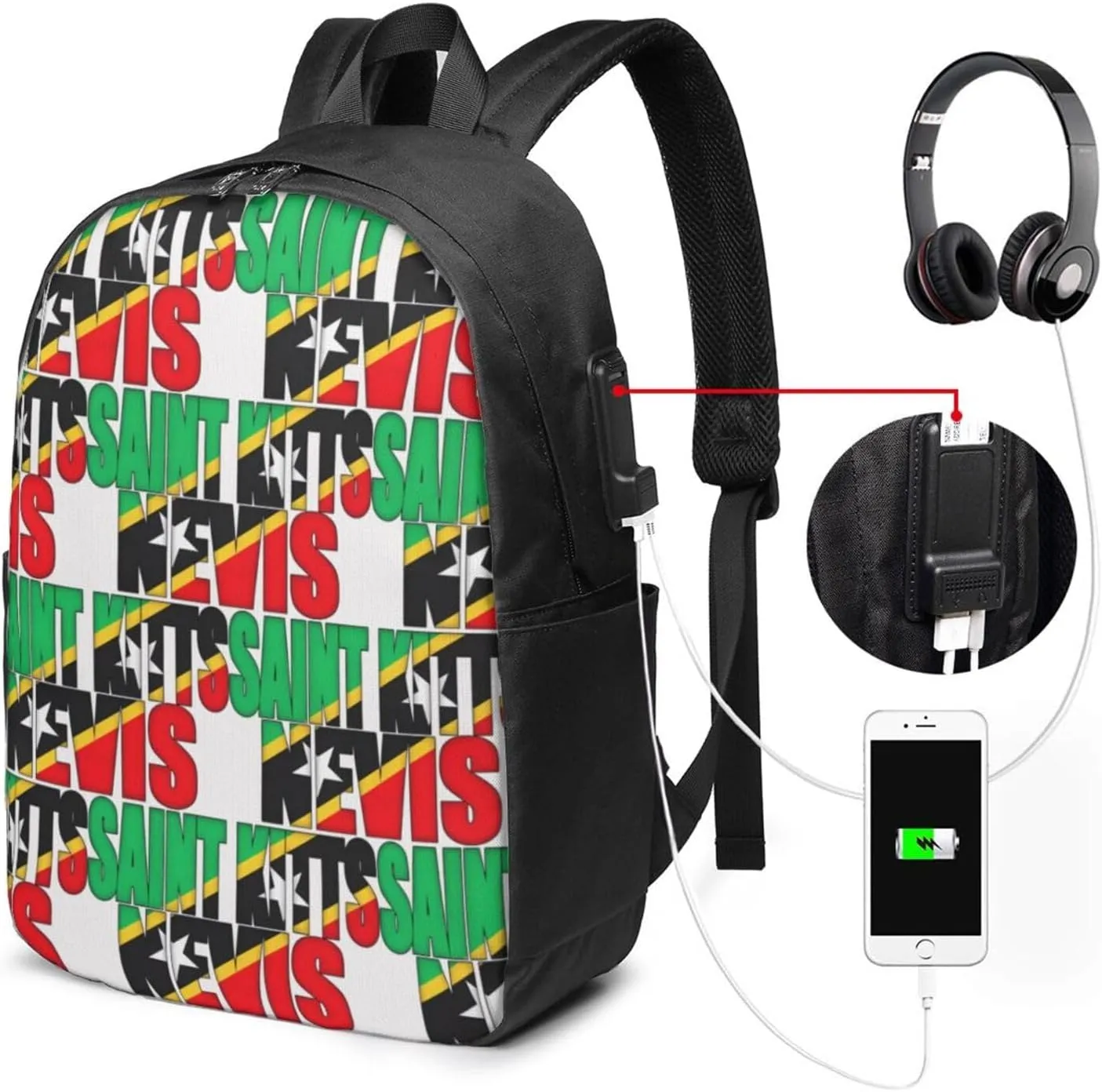 Saint Kitts Nevis Flag Laptop Backpacks Travel Backpack Casual Business Daypack Sport Rucksack Computer Bag Fits up to 17 Inch Notebook with USB Port