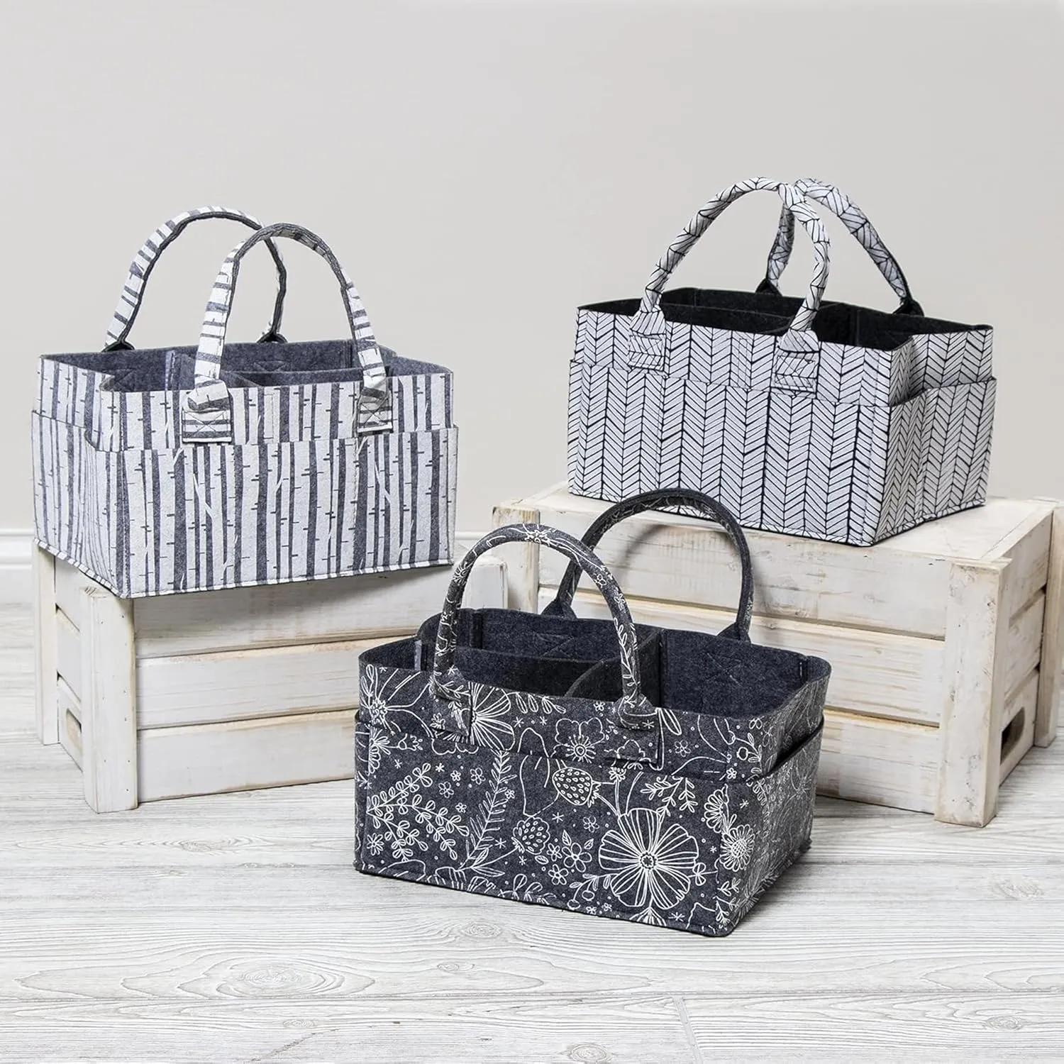 Sammy & Lou Diaper Caddy Organizer - Collapsible Tote Bag with Handles - Organizer for Diapers, Wipes & Baby Changing Supplies - Felt Storage Organizing Bin for Car, Desk, Nursery (Herringbone)