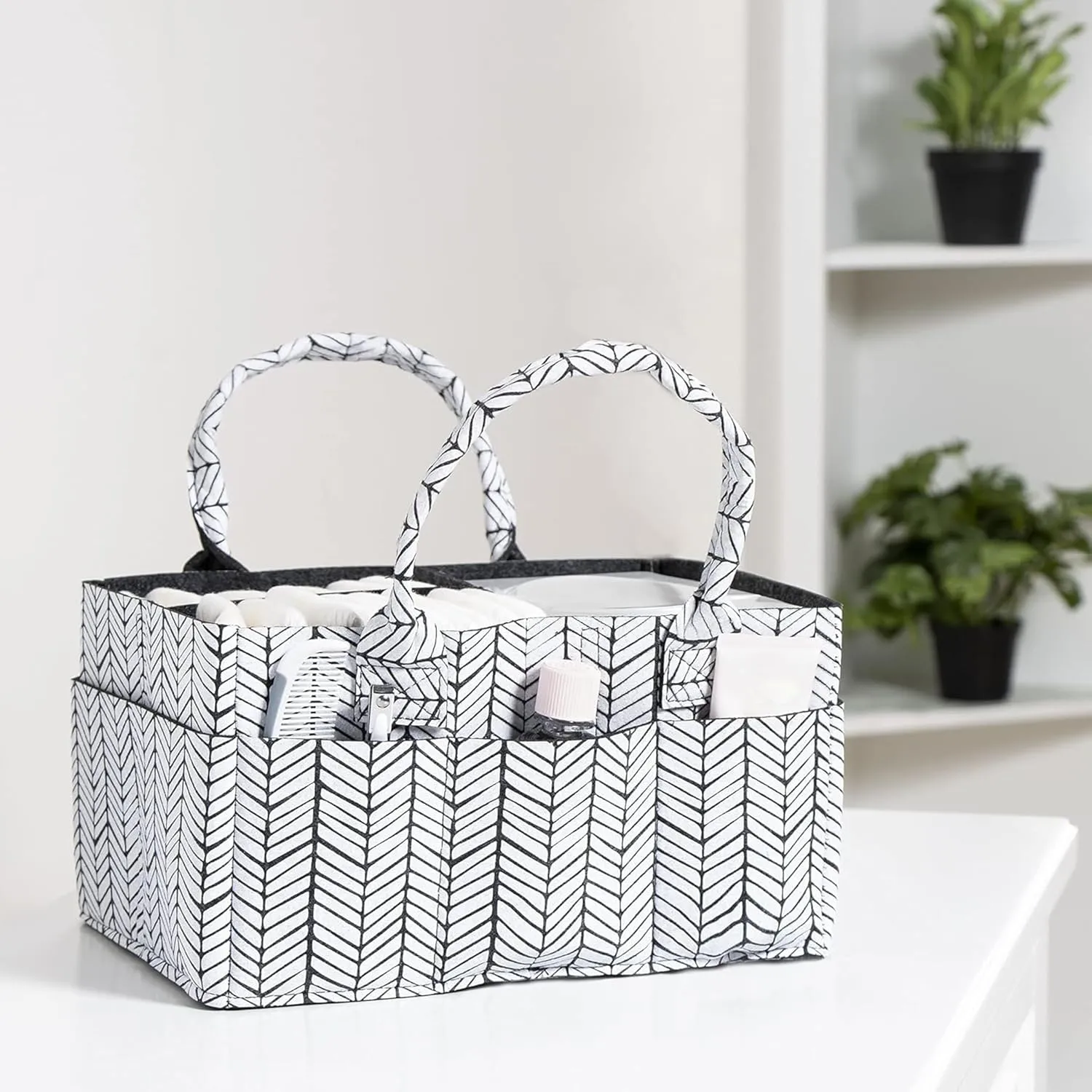 Sammy & Lou Diaper Caddy Organizer - Collapsible Tote Bag with Handles - Organizer for Diapers, Wipes & Baby Changing Supplies - Felt Storage Organizing Bin for Car, Desk, Nursery (Herringbone)