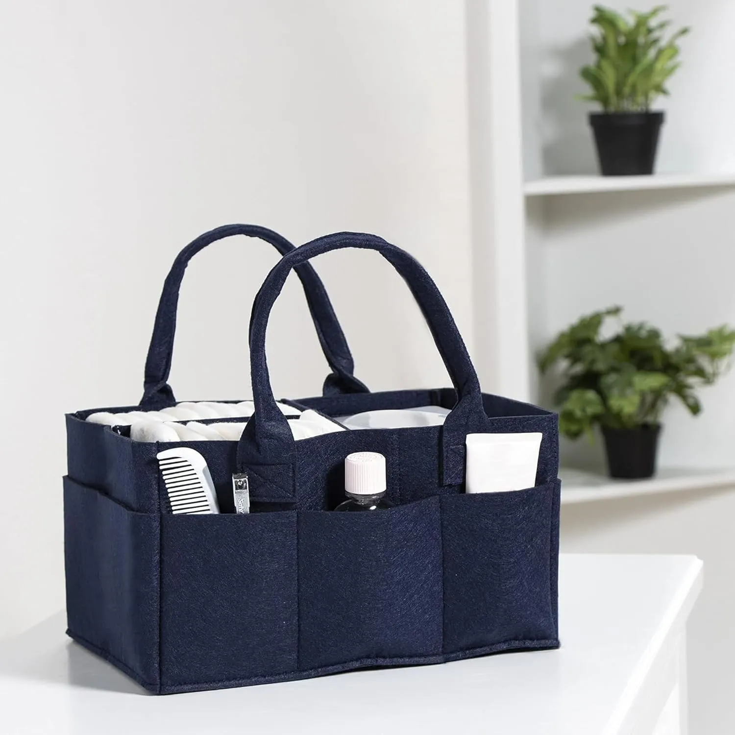 Sammy & Lou Diaper Caddy Organizer - Collapsible Tote Bag with Handles - Organizer for Diapers, Wipes & Baby Changing Supplies - Felt Storage Organizing Bin for Car, Desk, Nursery (Navy Blue)