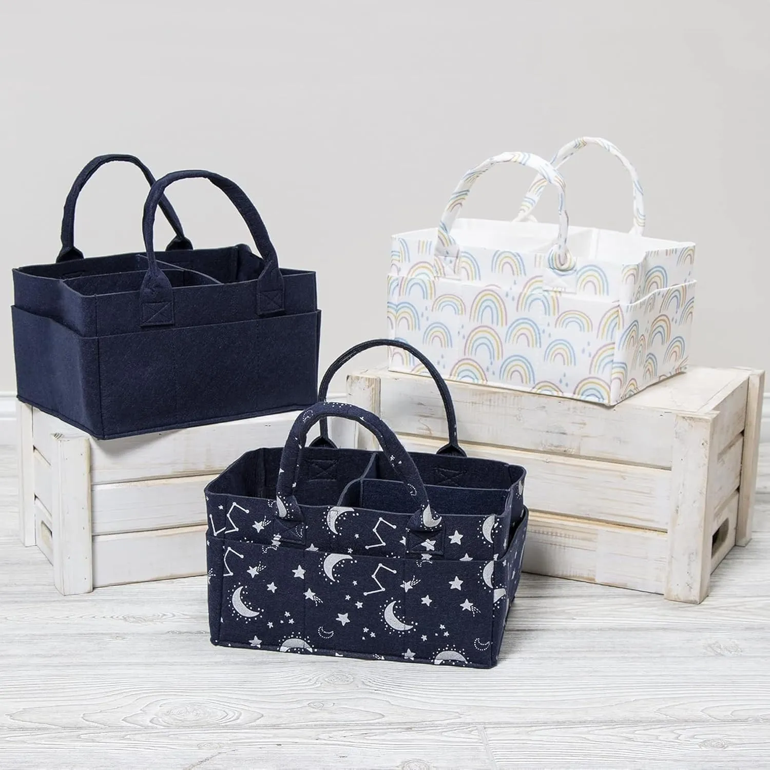 Sammy & Lou Diaper Caddy Organizer - Collapsible Tote Bag with Handles - Organizer for Diapers, Wipes & Baby Changing Supplies - Felt Storage Organizing Bin for Car, Desk, Nursery (Navy Blue)