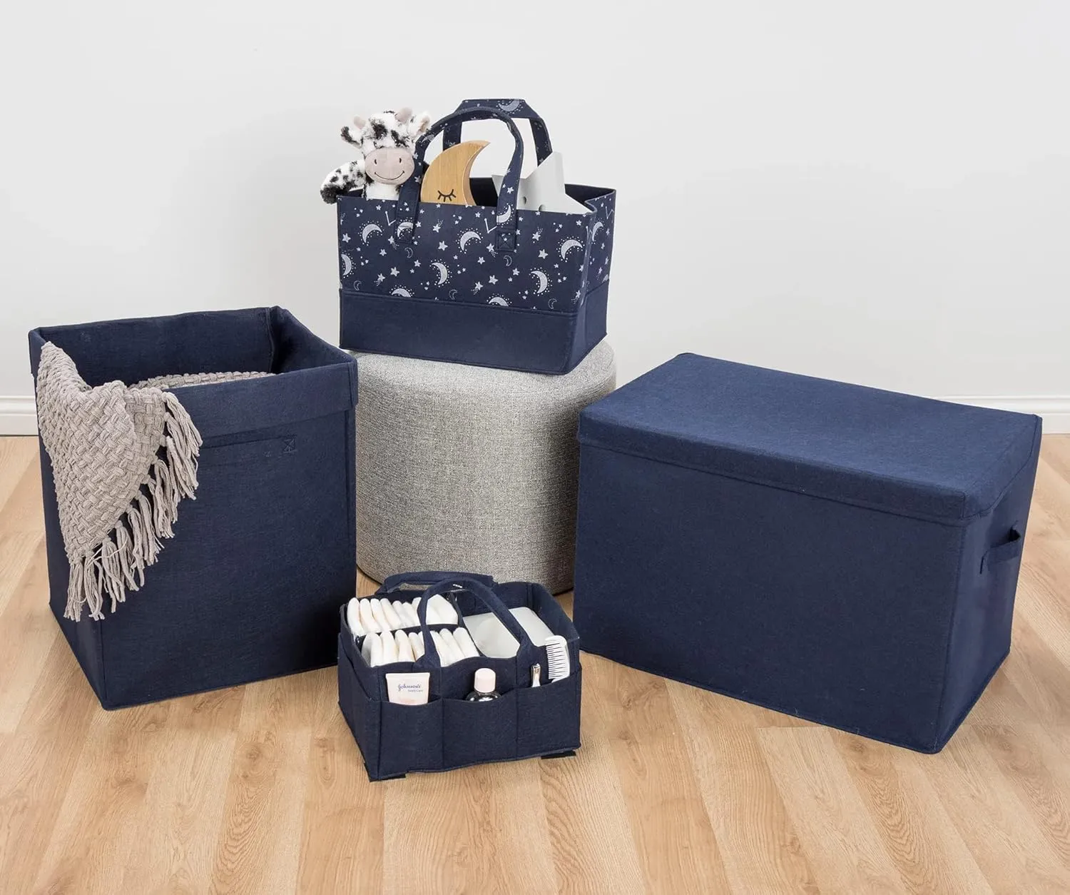 Sammy & Lou Diaper Caddy Organizer - Collapsible Tote Bag with Handles - Organizer for Diapers, Wipes & Baby Changing Supplies - Felt Storage Organizing Bin for Car, Desk, Nursery (Navy Blue)