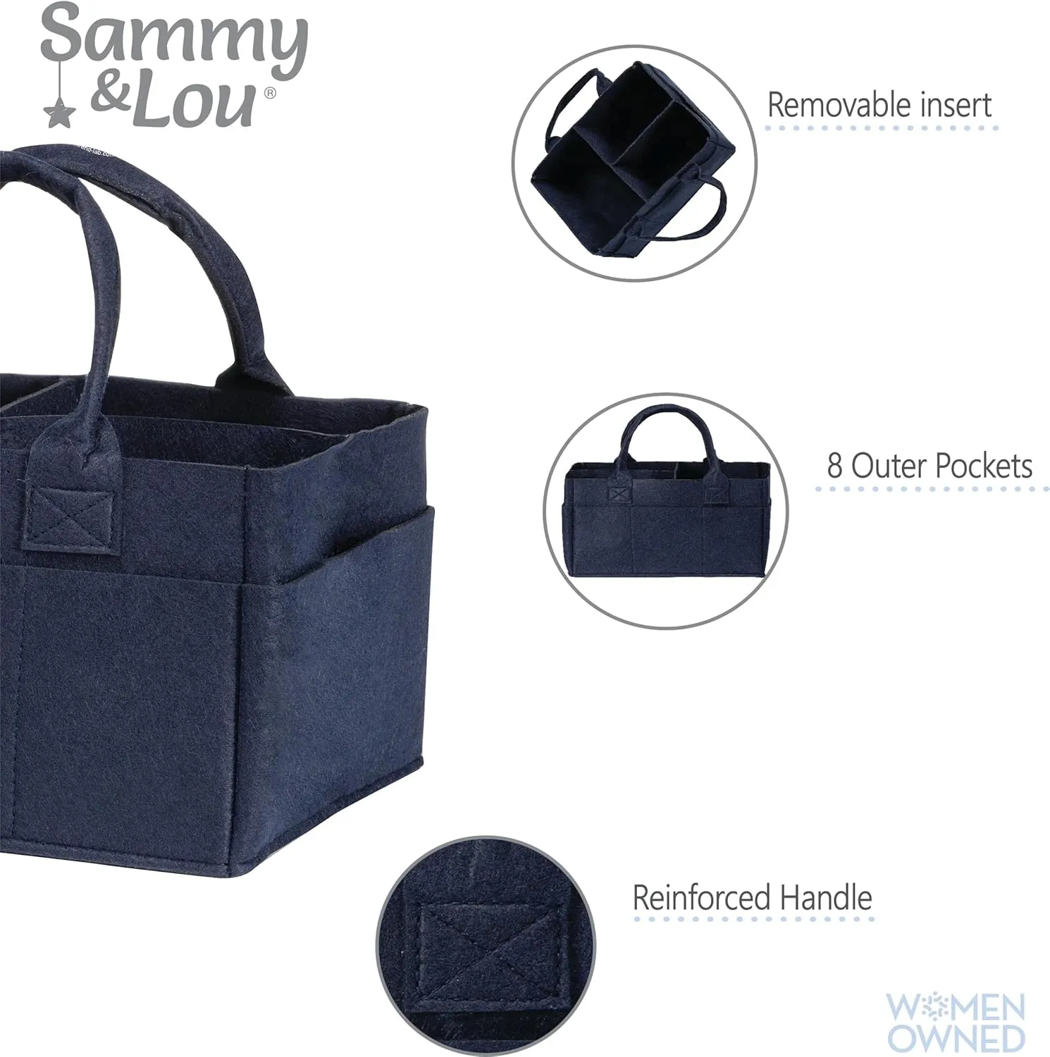 Sammy & Lou Diaper Caddy Organizer - Collapsible Tote Bag with Handles - Organizer for Diapers, Wipes & Baby Changing Supplies - Felt Storage Organizing Bin for Car, Desk, Nursery (Navy Blue)