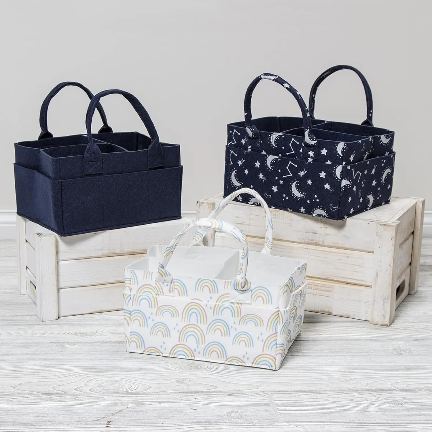 Sammy & Lou Diaper Caddy Organizer - Collapsible Tote Bag with Handles - Organizer for Diapers, Wipes & Baby Changing Supplies - Felt Storage Organizing Bin for Car, Desk, Nursery (Navy Blue)