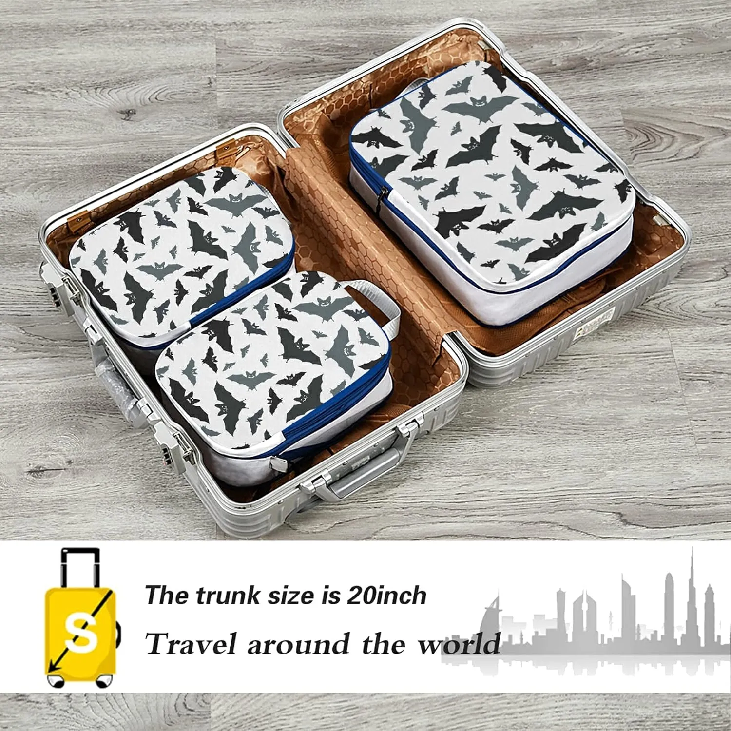 Seamless Black Grey Bats on White 3 Set Packing Cubes, Waterproof Check Oxford cloth Organizers, Travel Packing Toiletry Storage Bag