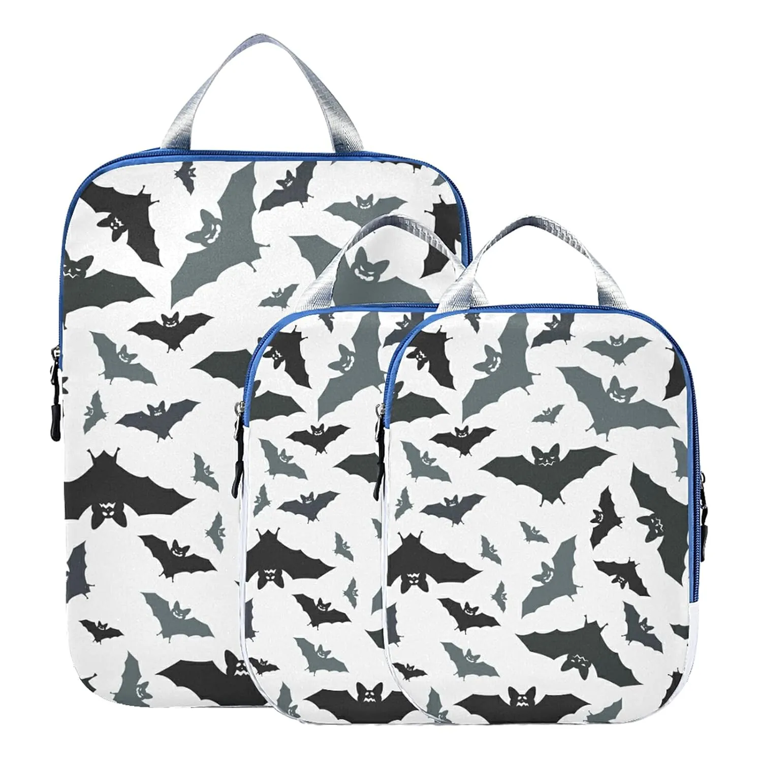 Seamless Black Grey Bats on White 3 Set Packing Cubes, Waterproof Check Oxford cloth Organizers, Travel Packing Toiletry Storage Bag