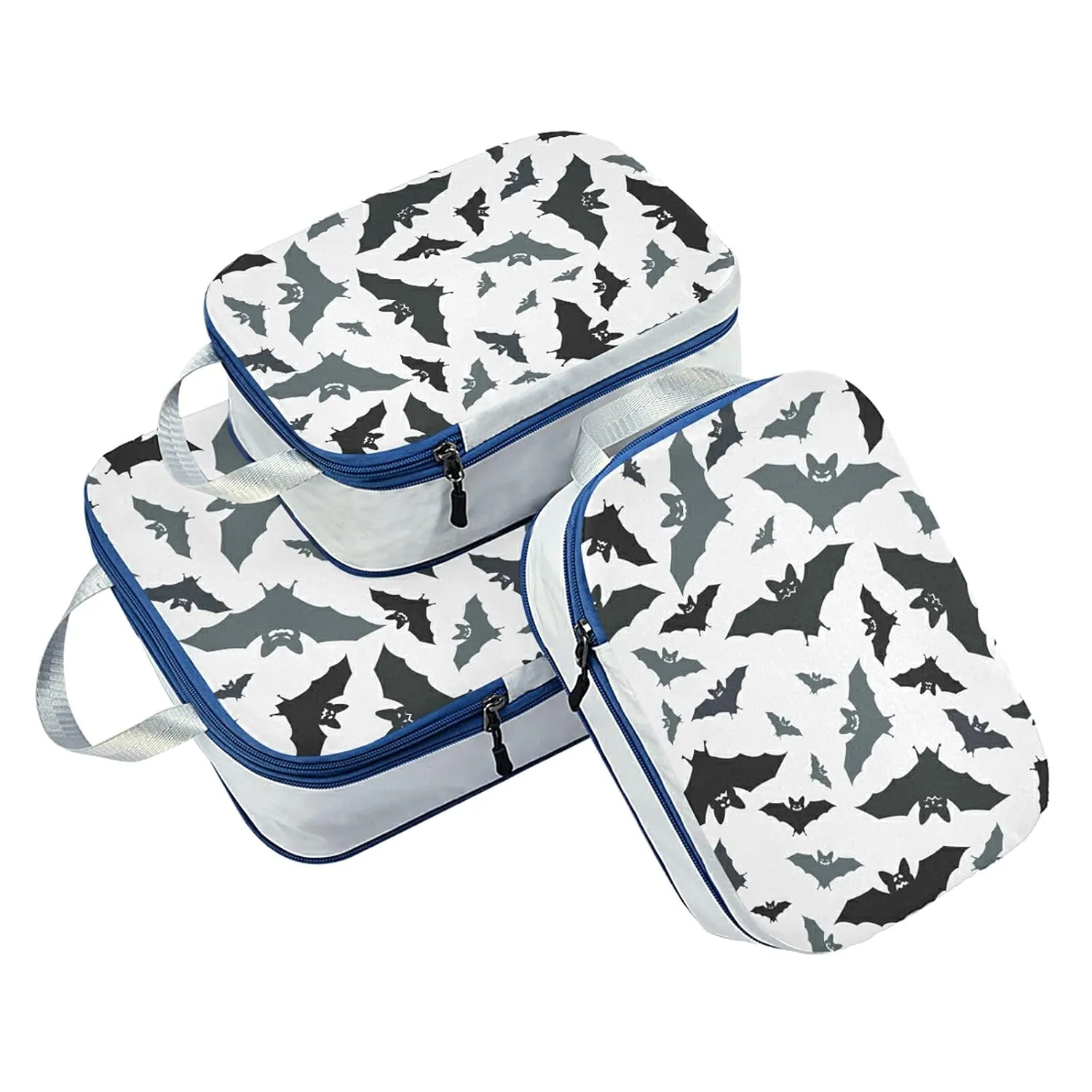 Seamless Black Grey Bats on White 3 Set Packing Cubes, Waterproof Check Oxford cloth Organizers, Travel Packing Toiletry Storage Bag