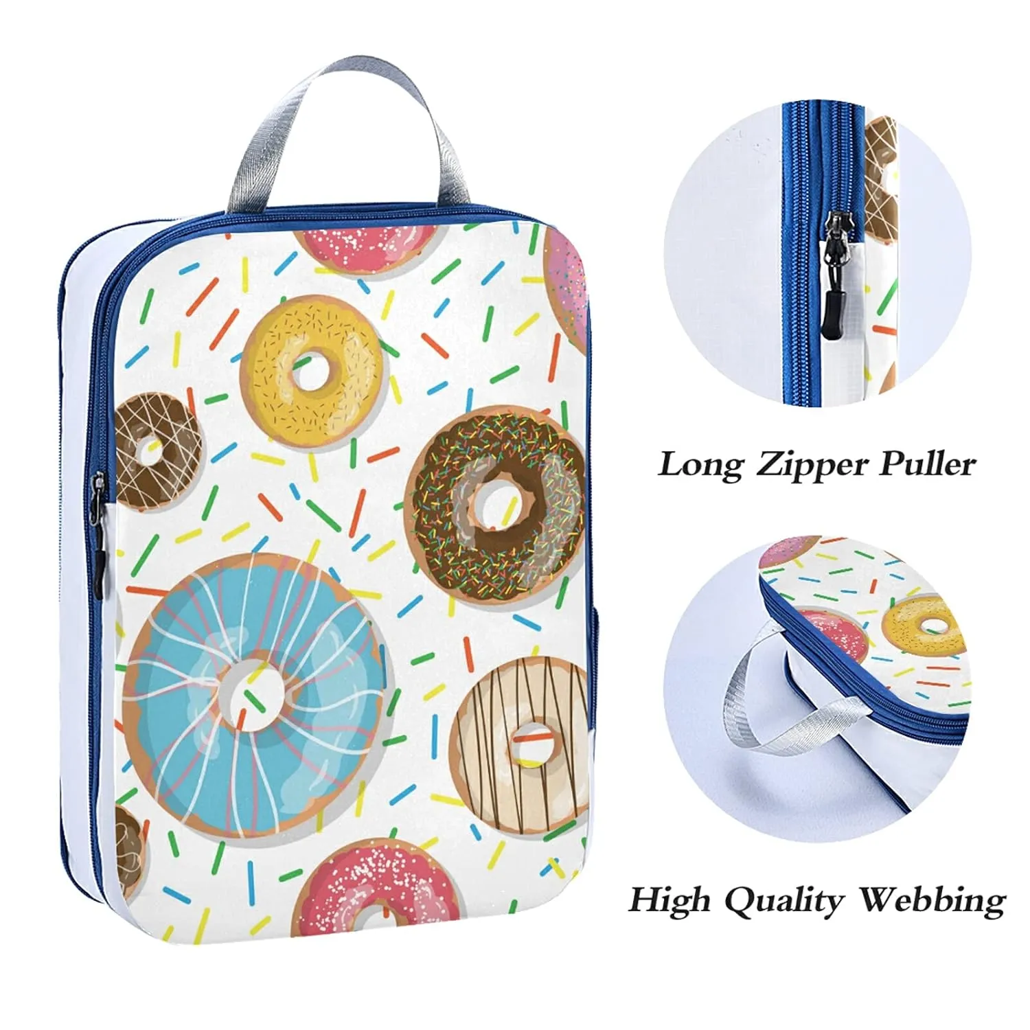 Seamless Colorful Donuts and Sweets Dots Doughnuts on White 3 Set Packing Cubes, Waterproof Check Oxford cloth Organizers, Travel Packing Toiletry Storage Bag