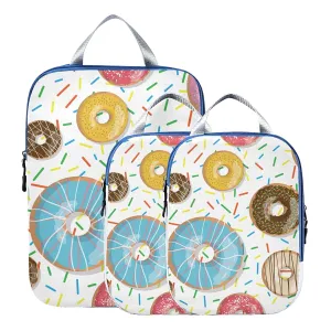 Seamless Colorful Donuts and Sweets Dots Doughnuts on White 3 Set Packing Cubes, Waterproof Check Oxford cloth Organizers, Travel Packing Toiletry Storage Bag