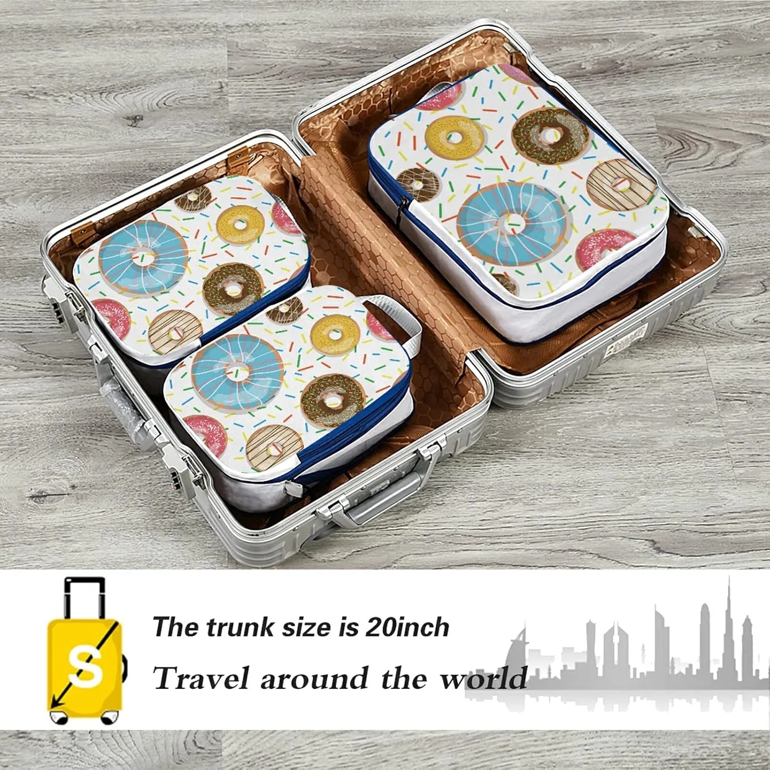 Seamless Colorful Donuts and Sweets Dots Doughnuts on White 3 Set Packing Cubes, Waterproof Check Oxford cloth Organizers, Travel Packing Toiletry Storage Bag